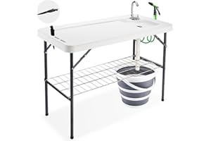 Avocahom Folding Fish Cleaning Table with Collapsible Bucket, Portable Outdoor Fillet Station Camping Sink Table with Faucet, Drainage Hose & Sprayer, Grid Rack, Knife Groove for Picnic Fishing