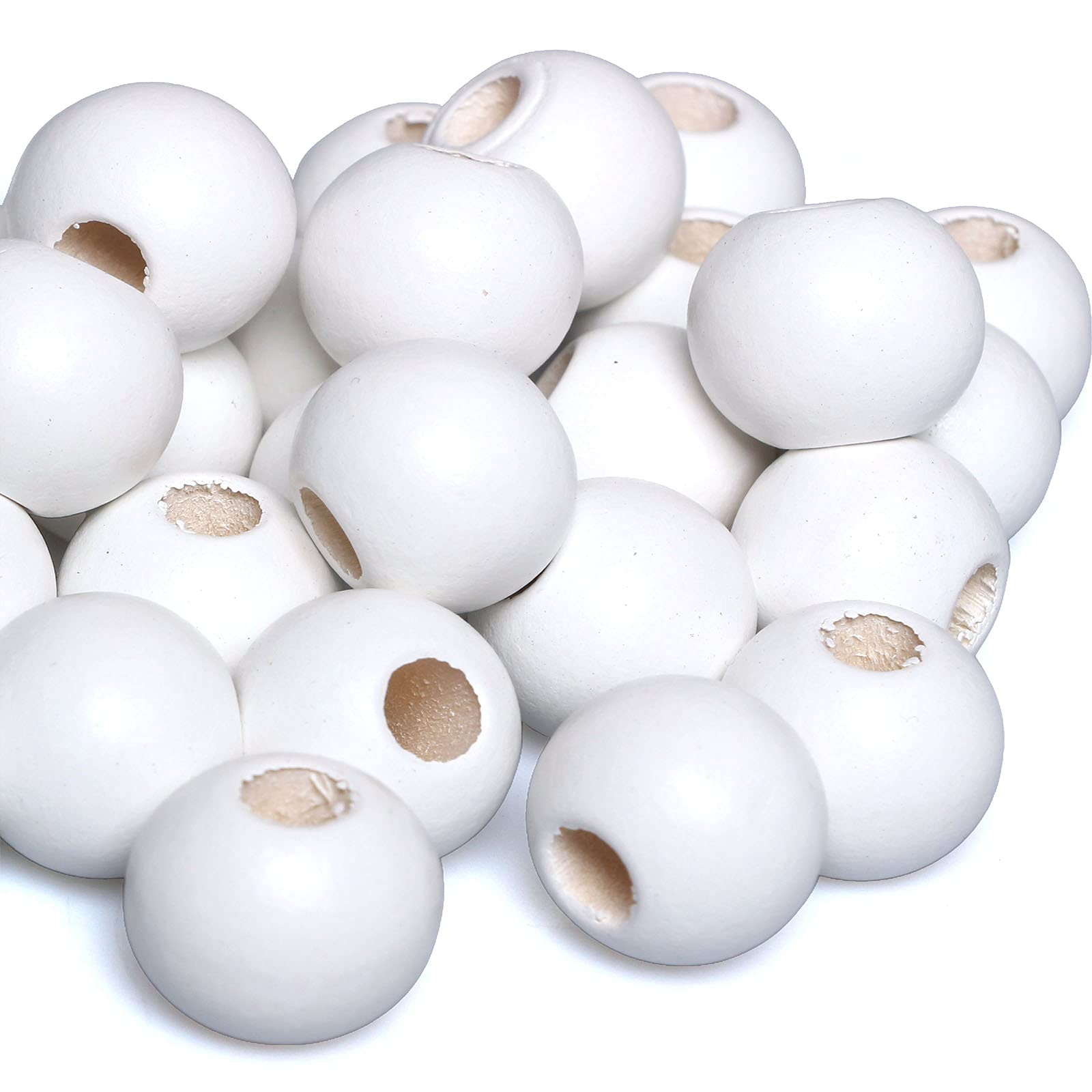 50pcs 20mm White Wood Beads, Large Hole Wooden Beads for Macrame Project/DIY Crafts (8mm Hole)