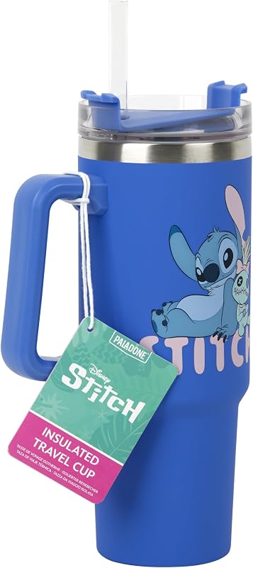 Tasse de voyage isotherme Disney Stitch avec paille bleue, 900 ml, Produit sous licence officielle avec poignée pour thé glacé ou café