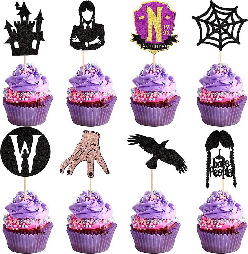 Photo 1 of 24 Pcs Birthday Addams Cupcake Toppers Glitter Fantasy Horror Thing Cupcake Picks for Magic Hand Black Bat Girl Fantasy Addams Family Birthday Party Cupcake Decorations Supplies