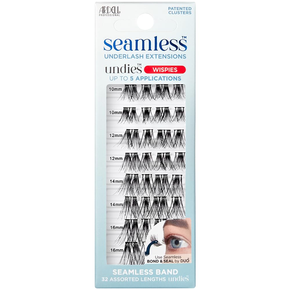 Ardell Seamless Undies Underlash Eyelash Extensions Refill, Wispies Lash Cluster Kit, Wispy & Crisscrossing, Up to 5 Applications, Assorted Eyelash Lengths, 32 Knot-Free Clusters