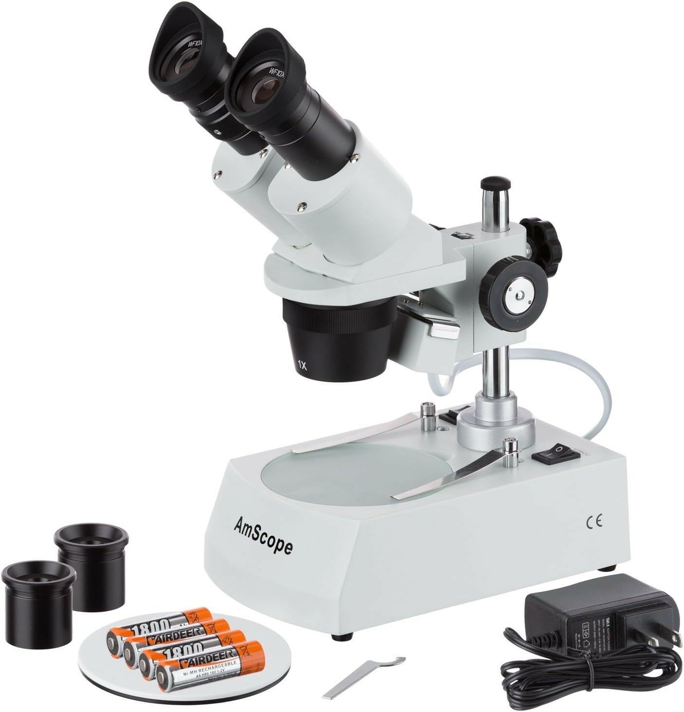 AmScope 10X-20X-30X-60X LED Cordless 2-Lights Stereo Microscope w Rechargeable Batteries