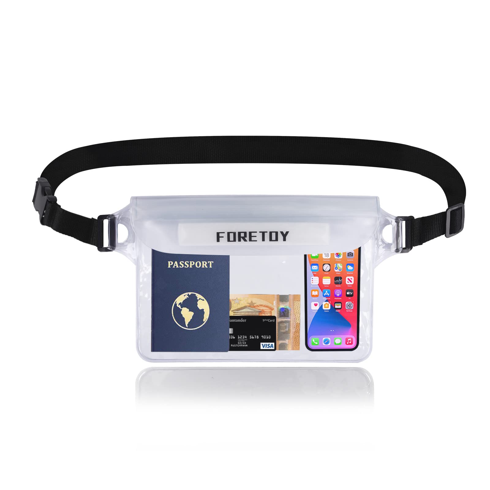 FORETOY Waterproof Bag, Waterproof Bag Transparent with Adjustable Waist Strap, Waterproof Mobile Phone Case, Waterproof Bum Bag IP68 for Water Sports, Beach, Swimming, Boating, Driving