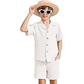 Flygo Boys Summer 2 Piece Beach Outfits Casual Short Sleeve Button Down Shirts and Shorts Vacation Outfit Textured Sets
