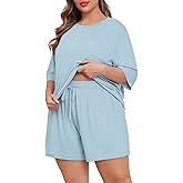 Lastshe Womens Plus Size Pajama Set 2 Piece Soft Short Sleeve with Pockets Summer Shorts Sleepwear Knit Pjs Lounge Set
