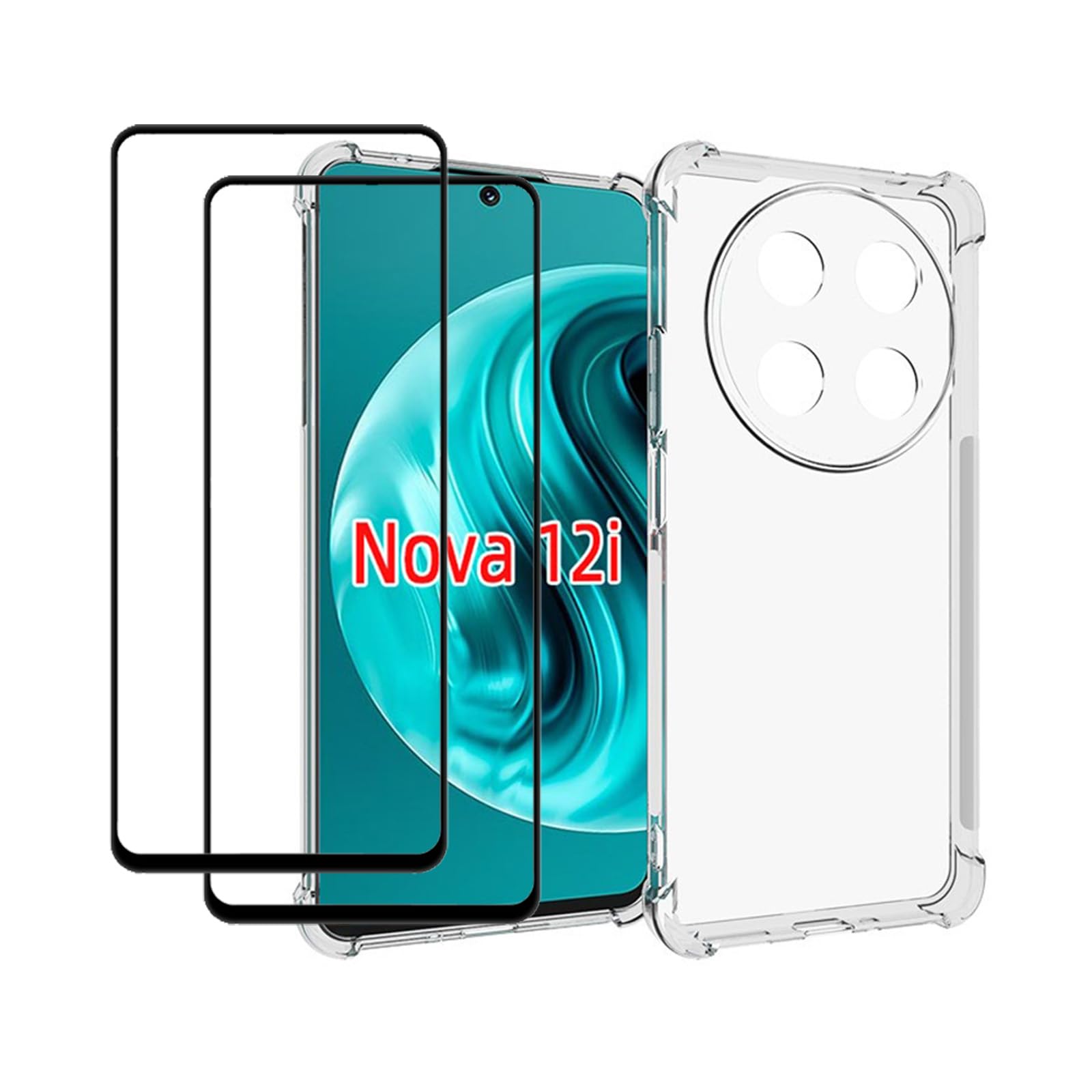 MMlife for Huawei nova 12i Case with Tempered Glass (2 Pieces) Slim Shock Absorption TPU Soft Edge Bumper with Reinforced Corners Transparent Protective Cover