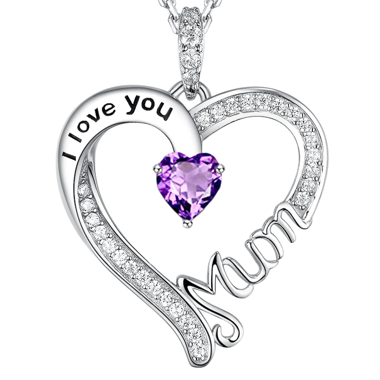 GinoMay Mothers Day Necklace Gifts Birthday for Mum February Birthstone Jewellery Amethyst I Love You Mum Necklace for Mother Sterling Silver