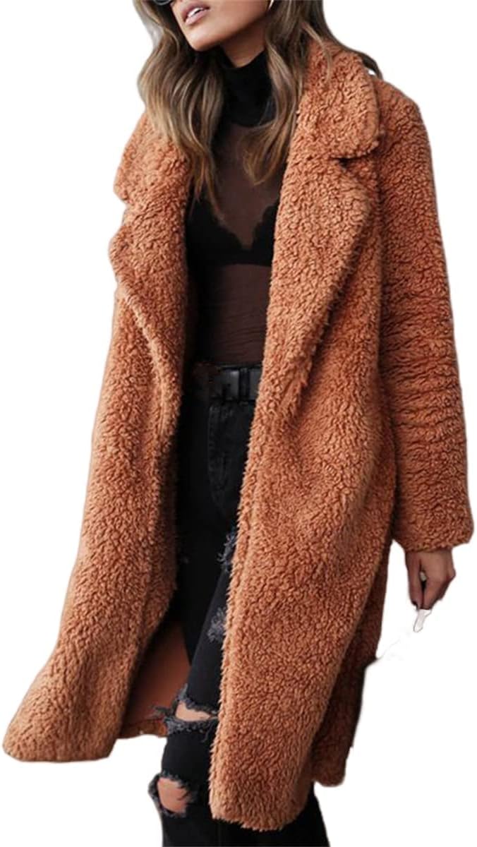 Tree Trays & Mats - HINDOLA Women Fuzzy Fleece Lapel Open Front Long Cardigans Coat Faux Fur Fall Winter Warm Outwear Long Jackets