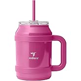 REDUCE Reusable 50 oz Cold1 Water Tumbler – Ergonomic Handle – Double-Wall Insulation – Sturdy Desktop/Tabletop Mug with Lid and Straw – BPA-Free – Stainless Steel for Gym, Home, or Office– Sangria