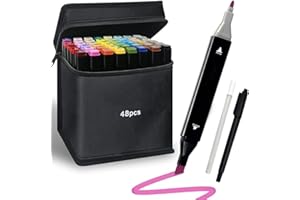 Yunoble Alcohol Markers, 48 Colors Dual Tip Art Markers, Drawing Markers for All Artists Paint Markers Pen with Carry Case Sketching Coloring