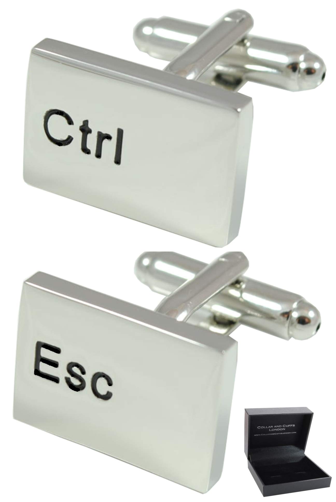 Cufflinks for Men + Presentation Box - Silver Colour - Ctrl Esc Computer Keyboard - Brass Metal - Rhodium Plated - IT PC Key Tech Rectangle Oblong Modern - One Pair