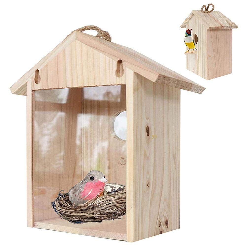 KENANLAN See Through Bird Box Window Bird box Birdhouse Birds Feeder Wooden Hanging Nest Case Outdoor Window Cage with Suction Cups for Bluebird Finch Chickadee Wildbirds