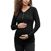 Bhome Maternity Hoodies Button Front Drawstring Hooded Shirt Long Sleeve Pullover Lightweight Sweatshirt with Kangaroo Pocket
