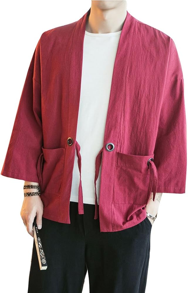 Plaid&Plain Men's Vintage Kimono Cardigan Casual Linen Pocket Cardigan