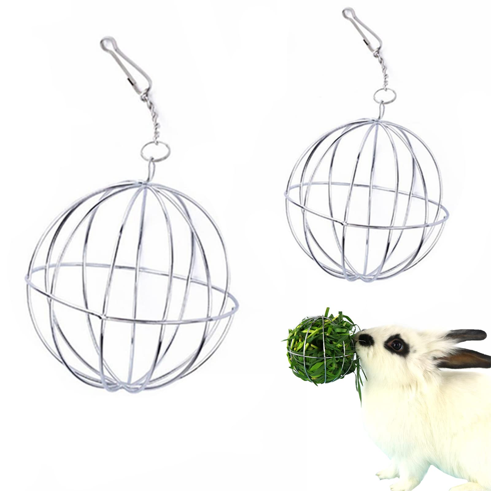 通用 2 Pieces Stainless Steel Rabbit Hay Feeder Hay Ball Pet Hay Rack Bowl Accessories for Guinea Pig Small Animal Pet