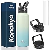 Konokyo 40oz Insulated Water Bottle Stainless Steel Sport Bottles with 3 Lids,Mint