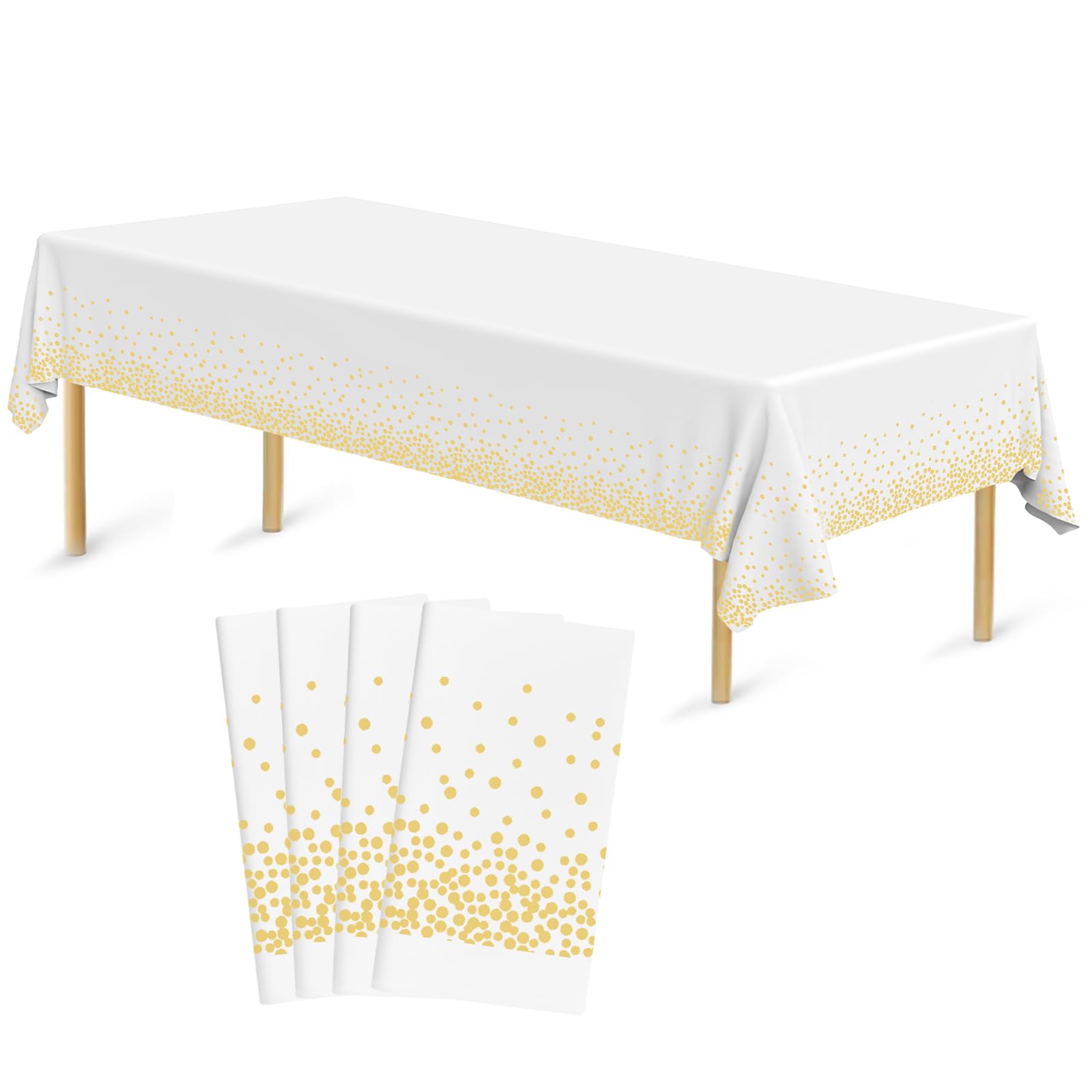 Bouiexye 4 Pack Disposable Table Cloth 54 x 108 Inch Plastic Tablecloth Gold and White Rectangular Tablecloths for Indoor Outdoor Party Birthdays Weddings Christmas Anniversary Buffet Table