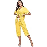 COLORFULLEAF 100% Cotton Women Pajama Short Sleeve Shrits With Capri Pants Pj Sets for Women Cotton Sleepwear