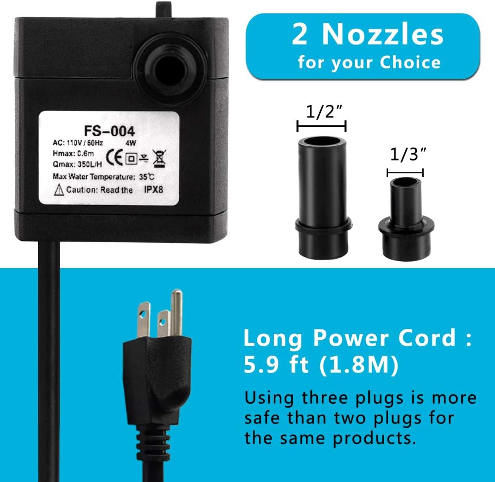 FREESEA 95 GPH 4W Ultra Quiet Mini Submersible Pump for Aquariums, Fish Tank, Pond, Fountain Water Pump (1PCS) : Pet Supplies