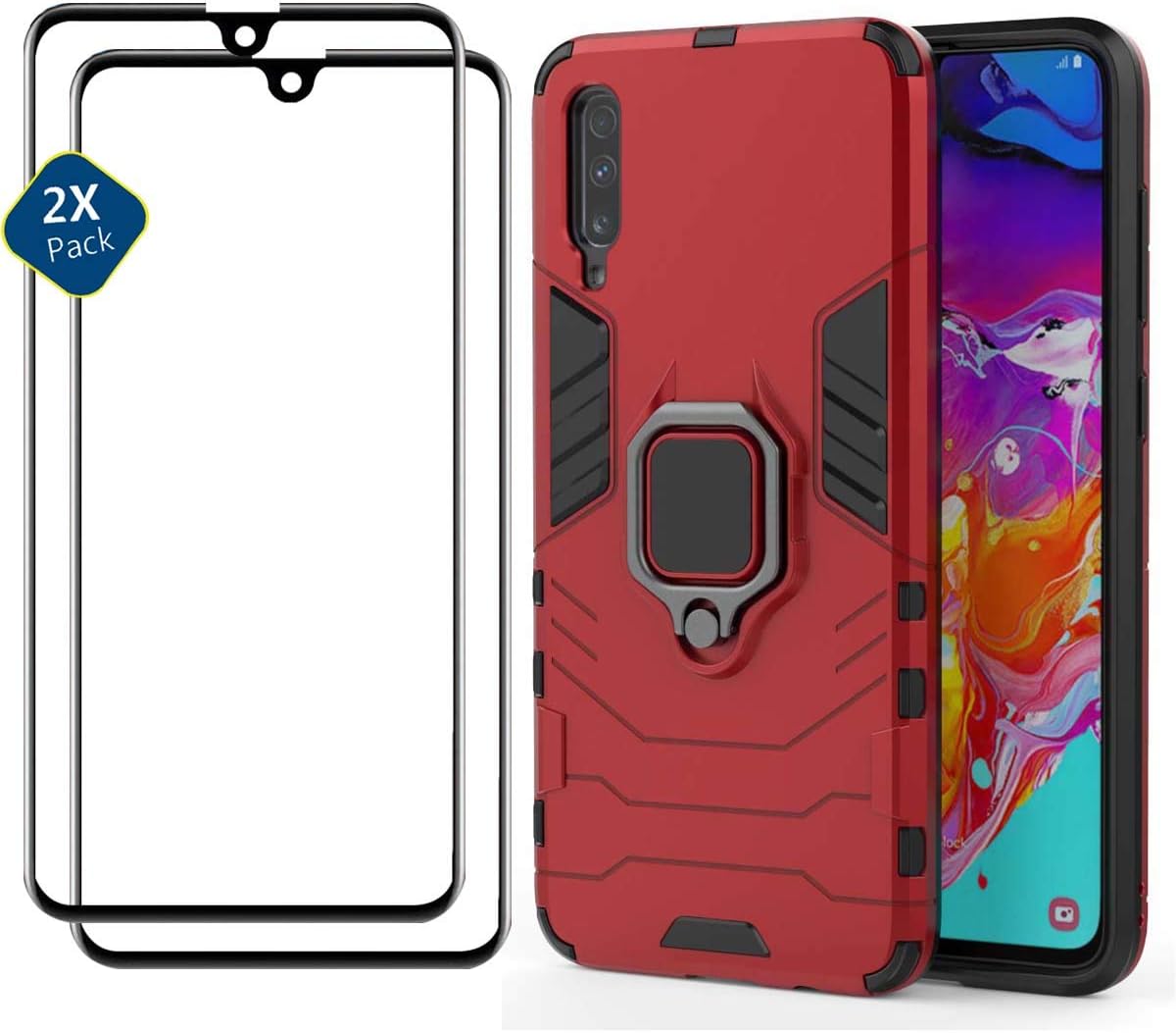 HUUH Case + 2 Pack Screen Protector Compatible with Huawei Y9s, TPU + PC double layer protection hidden bracket mobile phone case holster(red)
