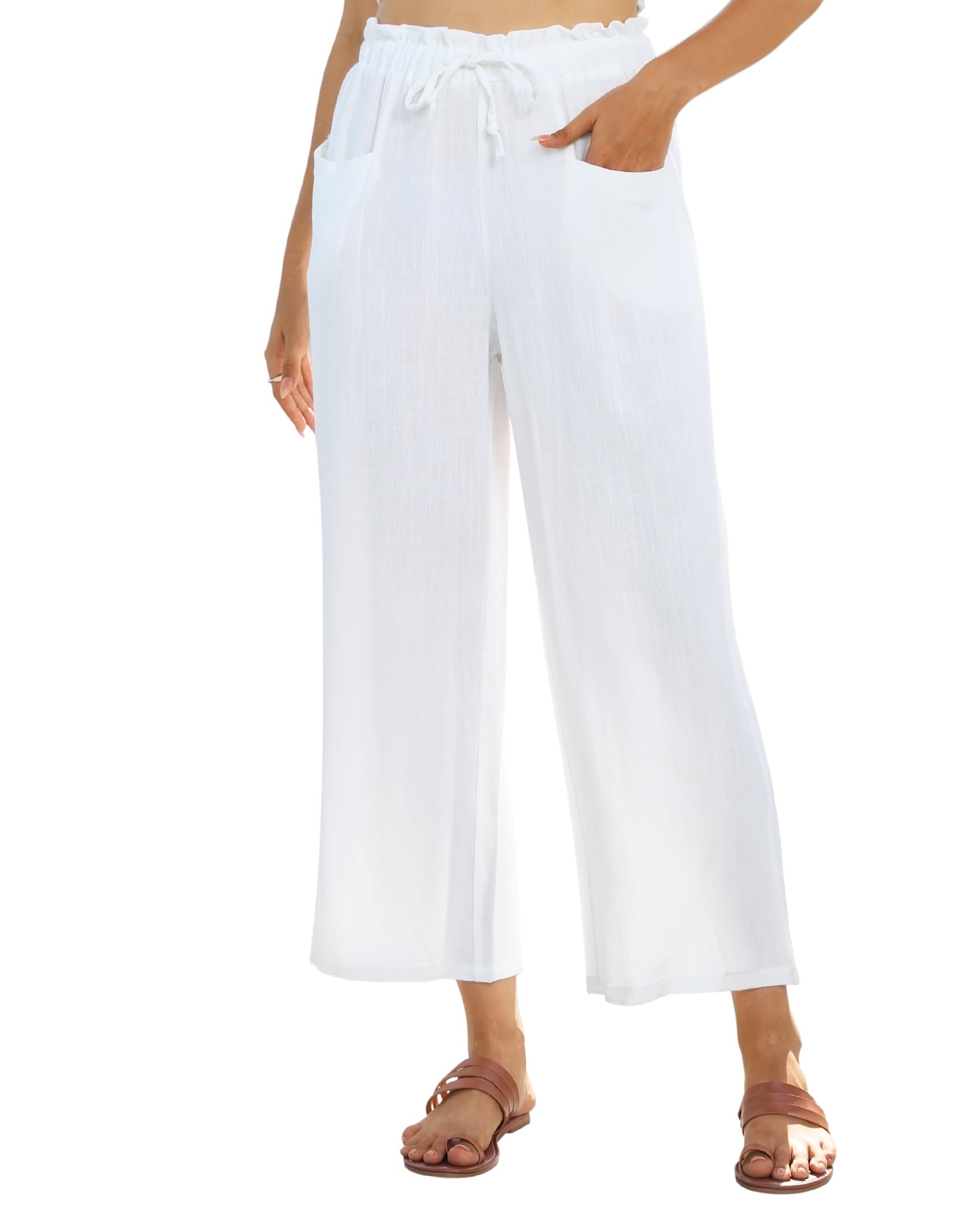 View 1 of (LARGE) Wide Leg Linen Pants for Women Summer Capri Palazzo Flowy Pants Casual Loose High Waist Trousers with Pockets White