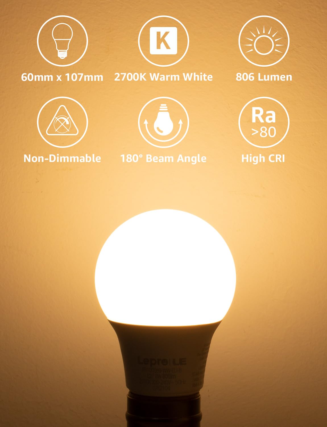 Lepro 8.5W E27 LED Warmweiss, 806 Lumen Glühbirne E27 ersetzt 60W, 2700K Warmweiß A60 glühbirnen, 180°Abstrahlwinkel Led Birne, Nicht Dimmbar, 6 Stück 2
