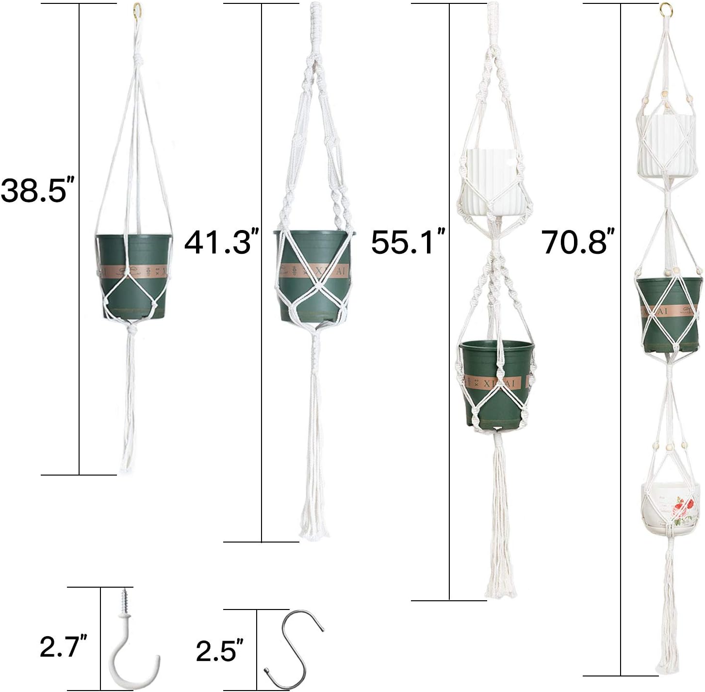 Macrame Plant Hangers 4 Pcs  - Different Hanging Planters Decorative Flower Pot Holder Stand Handmade Cotton Rope, Indoor Outdoor Boho Home Decor, 4 Legs, 4 Size, Different Tiers, 8 Hooks: Garden & Outdoor