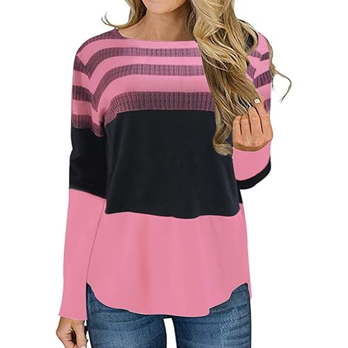Chanyuhui Women's Pullover Long Sleeve Tops Autumn Striped Round Neck Knitting Tops Casual Pullover Sweater Shirt Blouse
