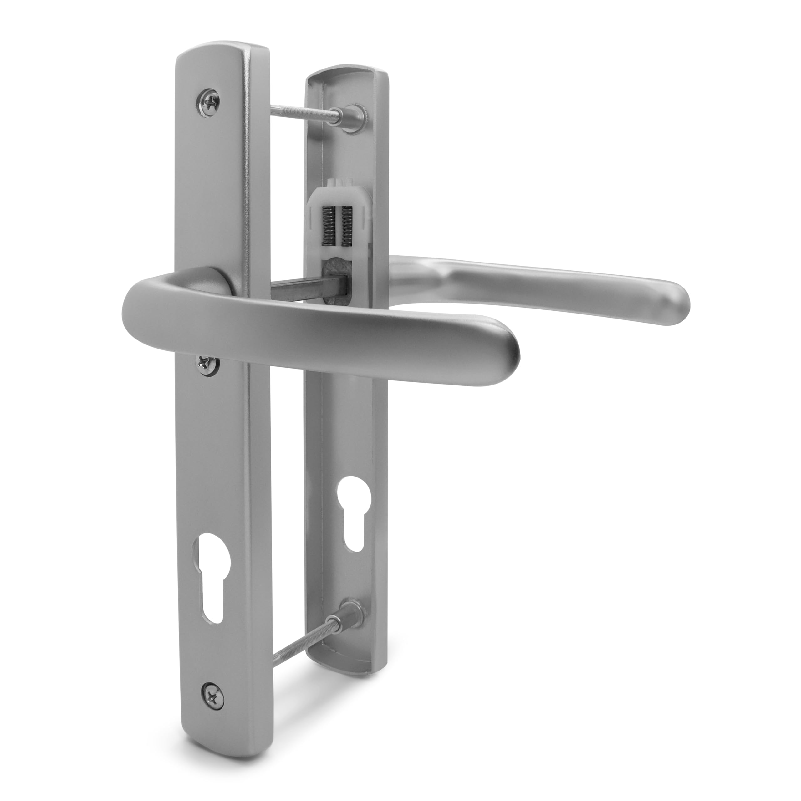 TSS Silver UPVC Door Handle Pair Set, 92mm PZ (Centres), Sprung, Lever Lever, 215mm Top to Bottom Screw (Screw Centres), 3X Fixing Points, Backplate 260mm x 35mm - Replacement PVC Door Handle