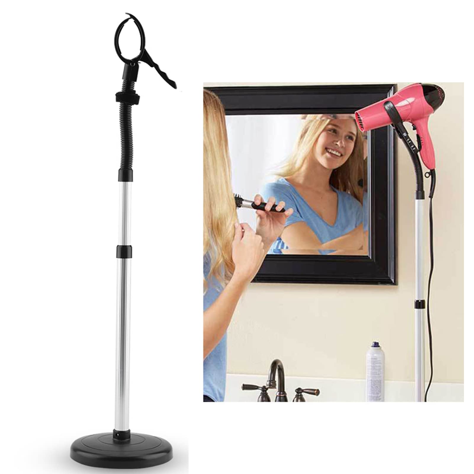 Garosa Blow Dryer Styling Stand Hands-Free Adjustable Height with Suction Base, Hair Dryer Holder Stable Removable for Bathroom Use Women