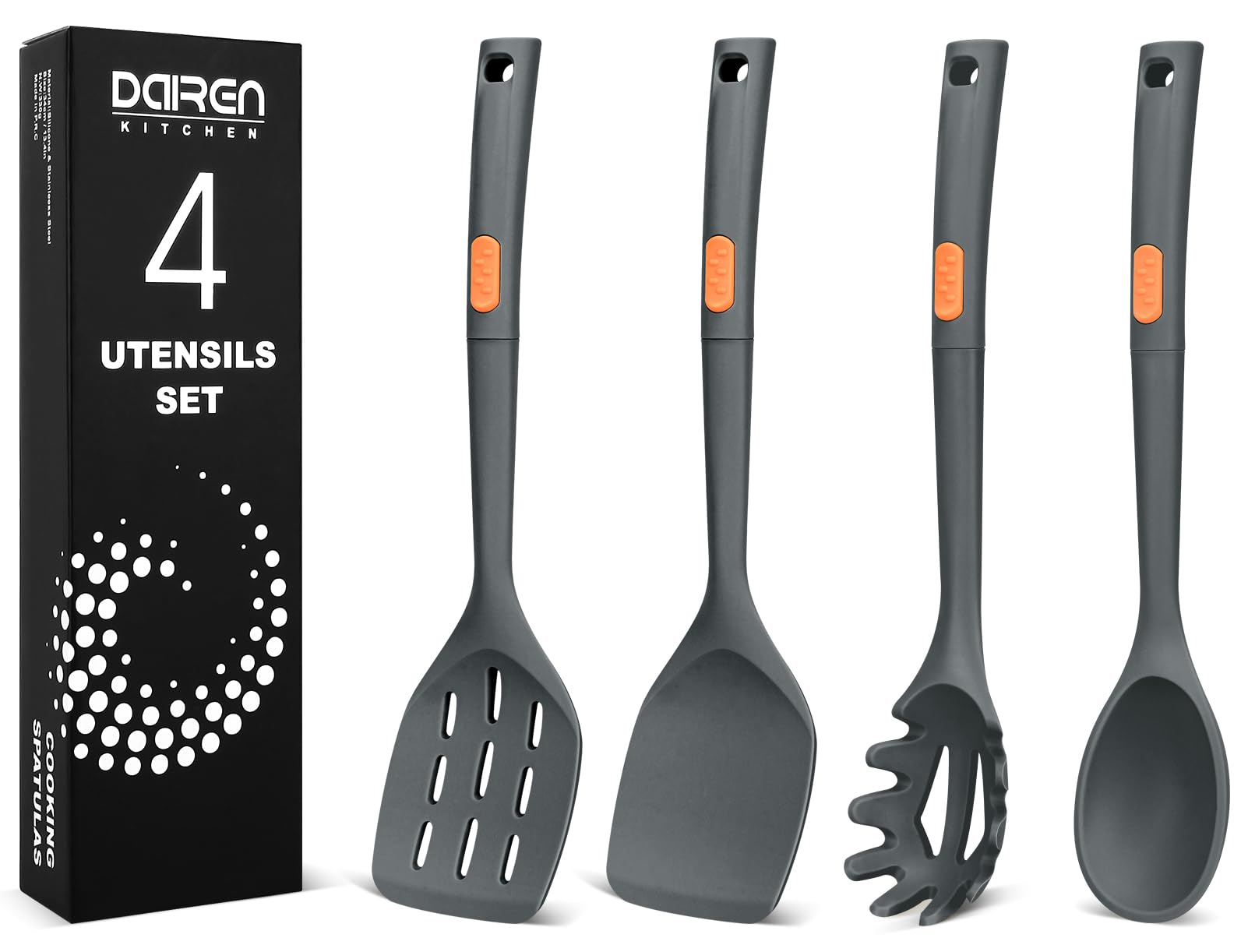 Silicone Cooking Spatulas and Spaghetti Spoons, 4 Pack Heat Resistant Full Silicone Cooking Utensils Set, Non Stick Large Kitchen Silicone Spatula Spoons for Cooking, Mixing, Serving, Draining (Grey)