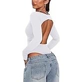 PINKMSTYLE Women Open Back Long Sleeve Bodysuit Boat Neck Double Lined Tops Slim Fit Ruched Backless Going Out Y2K Body Suit