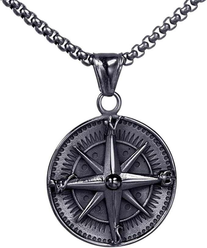 Men s Stainless Steel Vintage Round Compass Pendant Punk Necklace with
