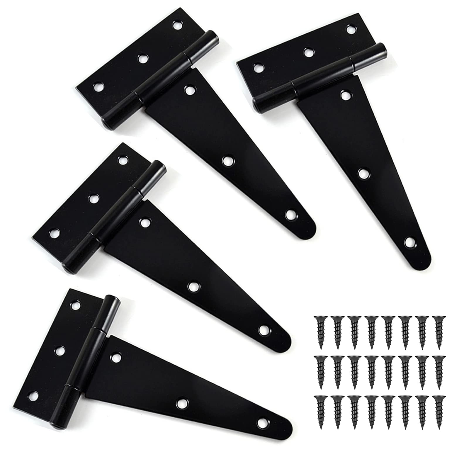 4pcs T Gate Door Hinges, 3inch Black Garden Gate Shed Hinges Heavy Duty Metal T Strap Tee Hinge with Screw for Wooden Shed Gates Barn Windows