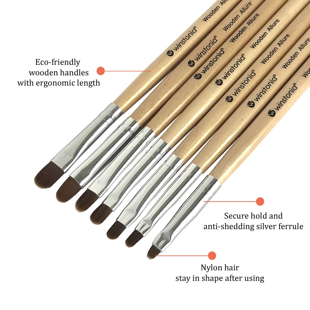 Winstonia 7pcs Gel Nail Brush Set for Nail Tips Builder & Overlay, Sculpting, Poly Gel, and Extensions. Oval Size Brushes Manicure Painting Pen - WOODEN ALLURE : Beauty