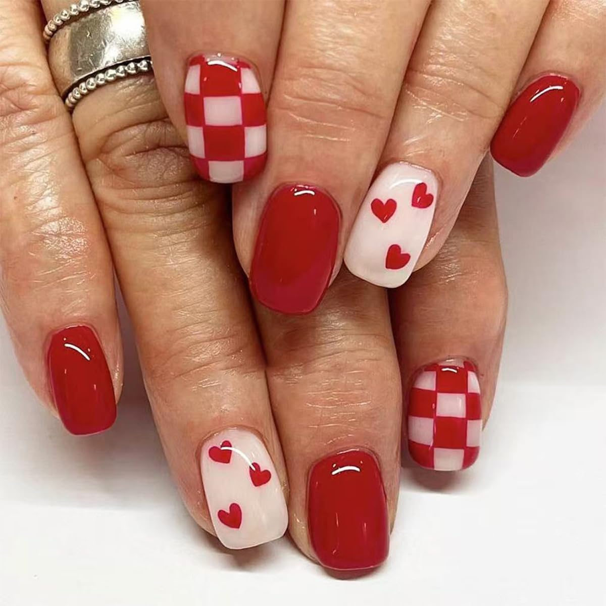 Photo 1 of Valentines Day Press on Nails Short Square Fake Nails Red Nails Press ons with Heart,Checker Design Full Cover Stick on Nails for Women Manicure,Reusable | Nail Sticky Tabs | Easy Apply | 24Pcs