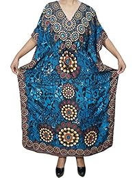 Mogul Womens Maxi Caftan Kaftan Cover Up Beach Dress Holiday Resort Wear One Size (Blue)