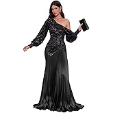 Xigeyuan Long Sleeve Sequin Prom Dresses for Women One Shoulder Mermaid Long Satin Pleated Formal Evening Gowns