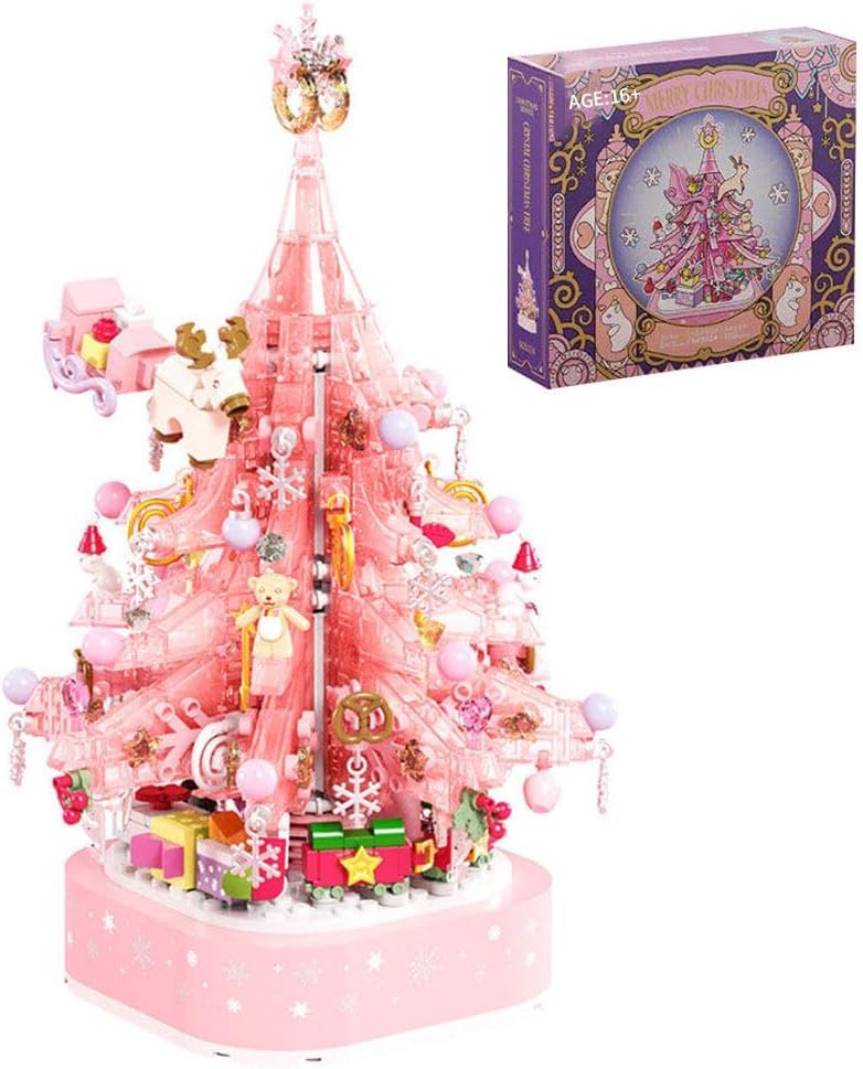 Christmas Tree Building Block Set, 675 PCS Pink Crystal Christmas Tree Building Kit with LED, Construction Gifts Toy for Adult, Compatible with Major Brand