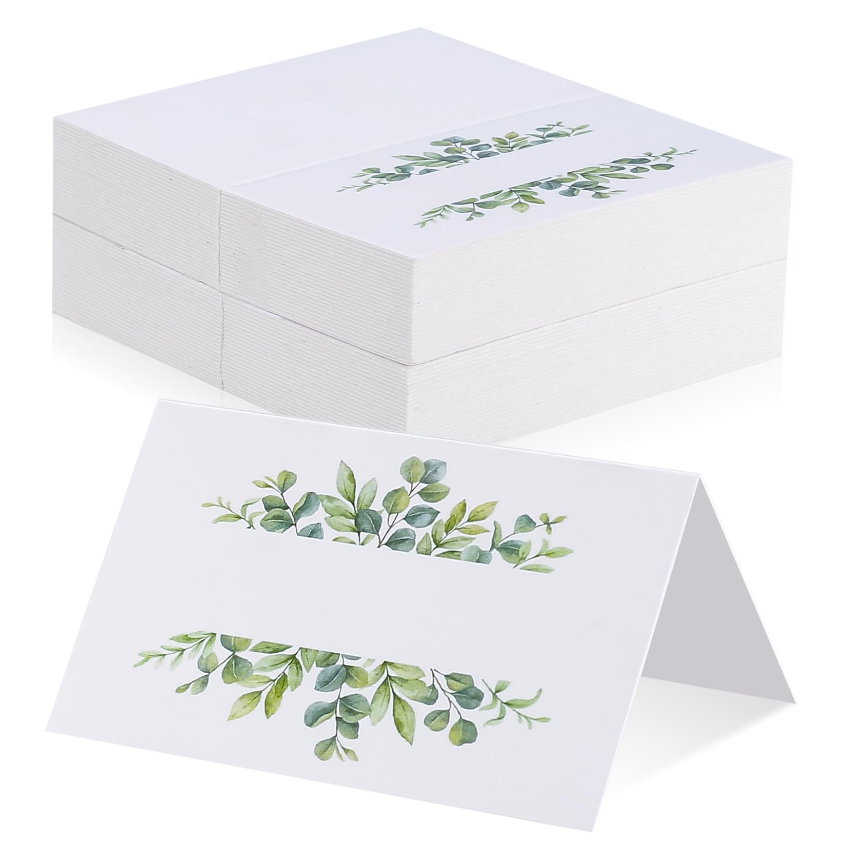 WUJIAQIU Place Cards for Tables, 106 Pcs Name Place Cards, Wedding Table Card, White Blank Tent Card Eucalyptus Leaves for Wedding Events Party Reception Banquets Table Setting