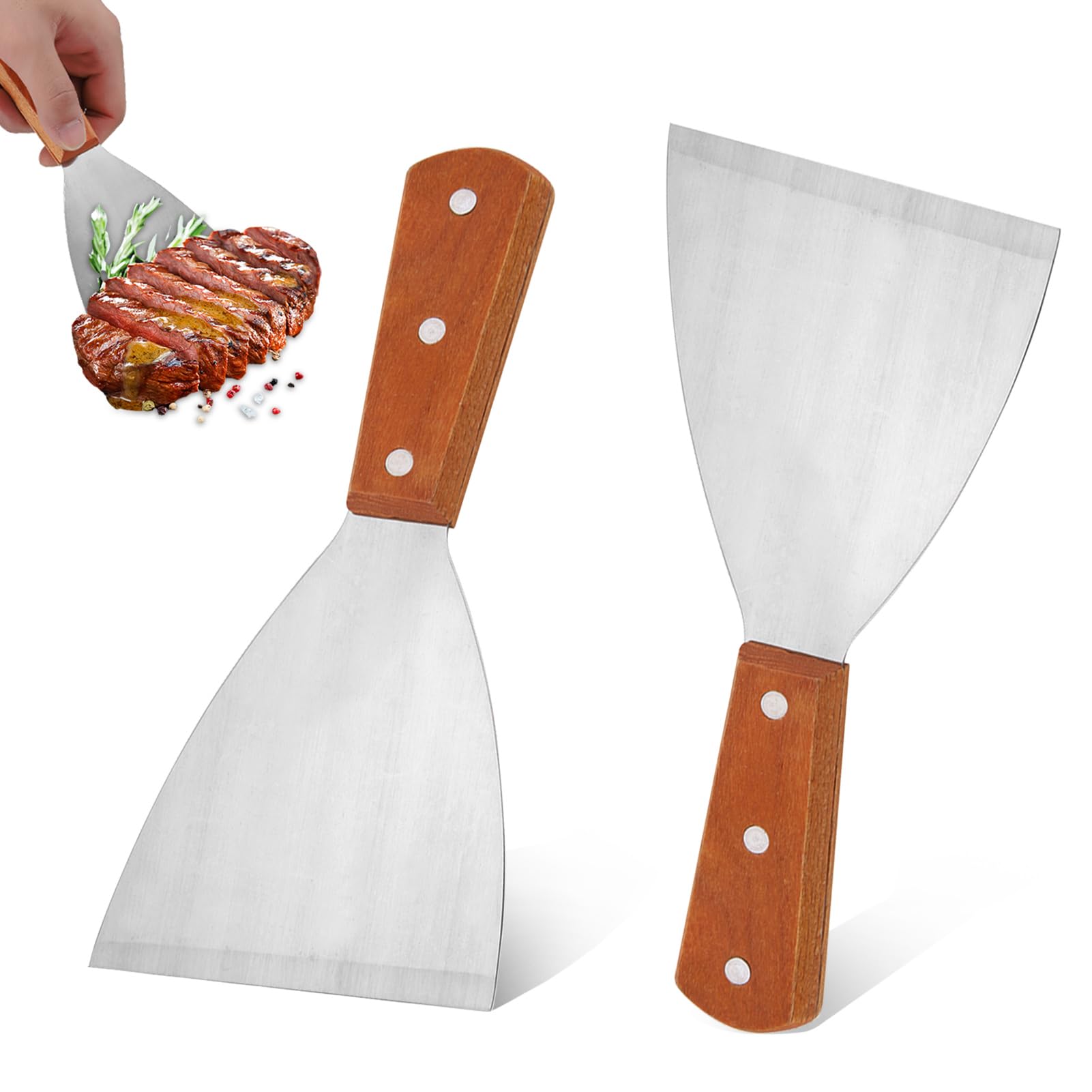 Wood Grill Scraper, Flat Top Metal Spatula Kitchen Cooking Scraper Steak Pancake Pizza Spatula Griddle Scraper for Food Service, Cleaning Supplies, Barbecue Cooking Restaurants (1)