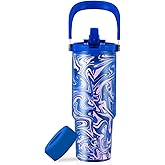 VUSIGN 30 oz Tumbler with Handle and Flip Straw, Stainless Steel Vacuum Insulated Water Bottle Travel Mug Thermal Cup for Home, Office, Car, Outdoors, Sports, Pool Swirl