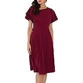 WOMLAYOUT Women's Dressy Formal Dress Ruffled Sleeve Midi A-Line Pleated Work Dresses