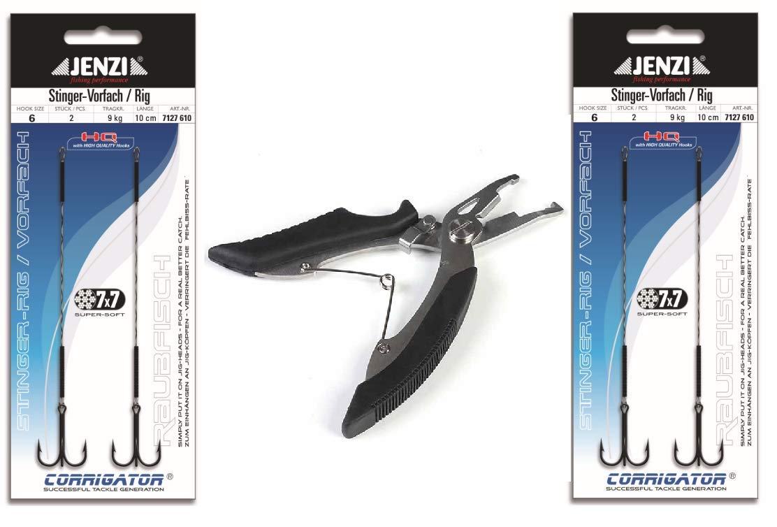 Set: 2 Packs (4 Pieces) Jenzi Stinger Rig 7x7 Hook Size 6.9 kg, 10 cm + Fishing Scissors