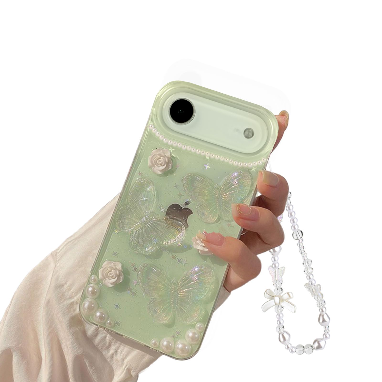 Fycyko Compatible for iPhone 17 Air Case 3D Butterfly Floral Clear Aesthetic Women Teen Girls Glitter Pretty Crystal Sparkle Cute Phone Case Protective Cover+Chain