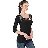 AmélieBoutik Women Cutout Front Top 3/4 Sleeve Studded Scoop Neck Slim Fit T-Shirts