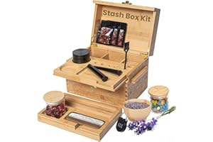 THREE WAY CUT Stash Box Bamboo Storage Box with Combination Lock – Wooden Organizer Box with Removable Tray, Glass Jars & Accessories, Decorative Lockable Bamboo Box with Lid,Home Kitchen Pantry Stashbox Wood Chest