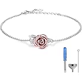 Rose Cremation Urn Jewelry for Ashes - 925 Sterling Silver Memorial Keepsake Ring Bracelet Necklace Gift for Women, Bereavement Gift for A Loss Of the Loved One