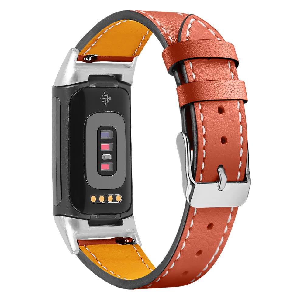 Gimuk Compatible with Fitbit Charge 5 Strap for Women Men, Genuine Leather Adjustable Sports Strap Replacement Wristband for Charge 5 Tracker Small Large (Orange) — image 1