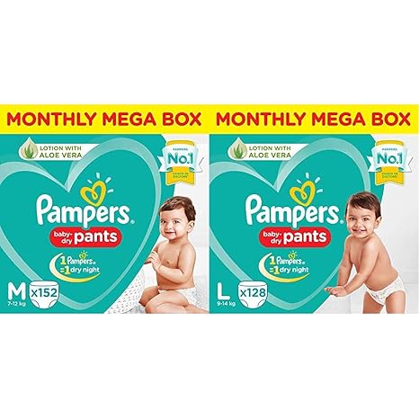 Pampers New Diapers Pants Monthly Box Pack, Medium (152 Count) & Pampers New Diapers Pants Monthly Box Pack, Large (Pack of 128)